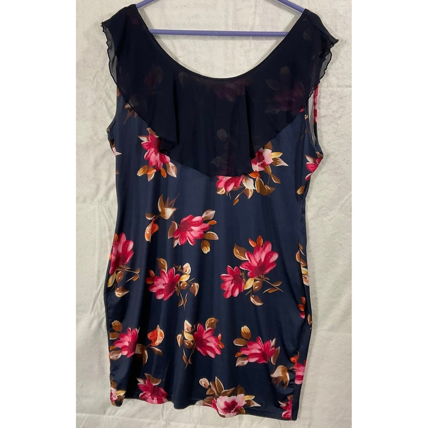 Floral Bodycon Dress Womens L Navy Blue Ruffle Neck Sleeveless Mini