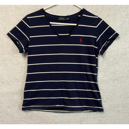 Polo Ralph Lauren Shirt Womens Small Navy White Striped V Neck Red Pony Cotton
