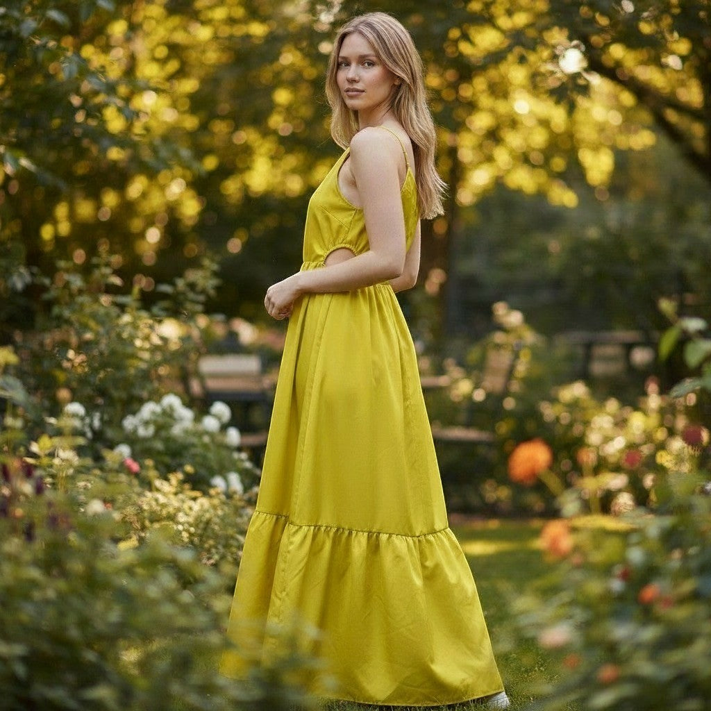 SHEIN CURVE One Shoulder Maxi Dress Womens 0XL Yellow Tiered Summer Boho Dress