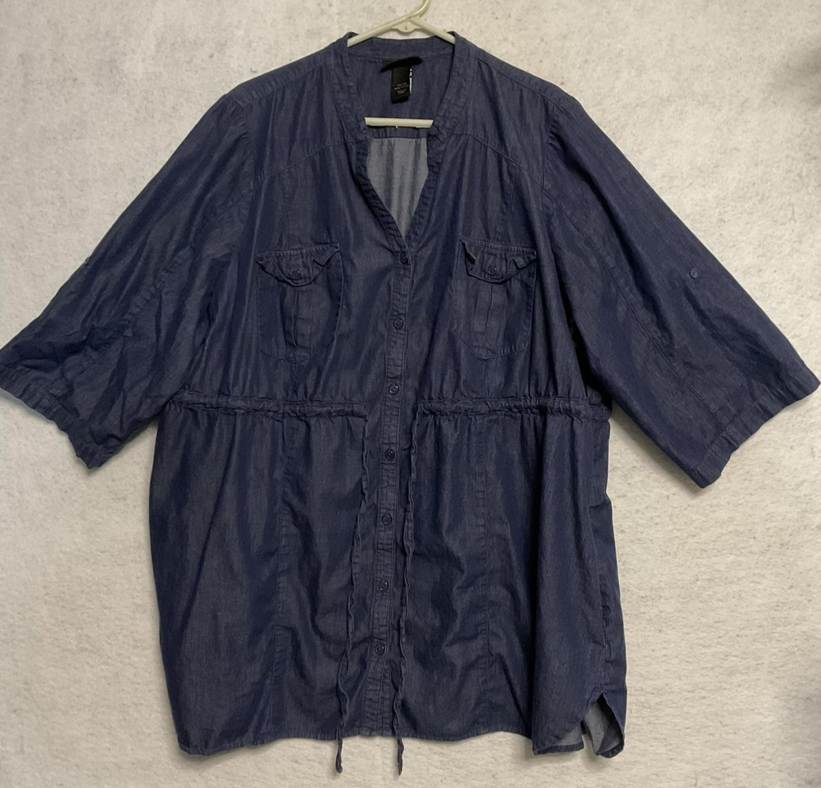 Lane Bryant Shirt Womens 26/28 Blue Chambray Button Front Roll Tab Tunic Top