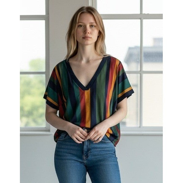 SHEIN FIT+ Blouse Womens 24/26 Multicolor Stripe V Neck Tunic Top Plus Size