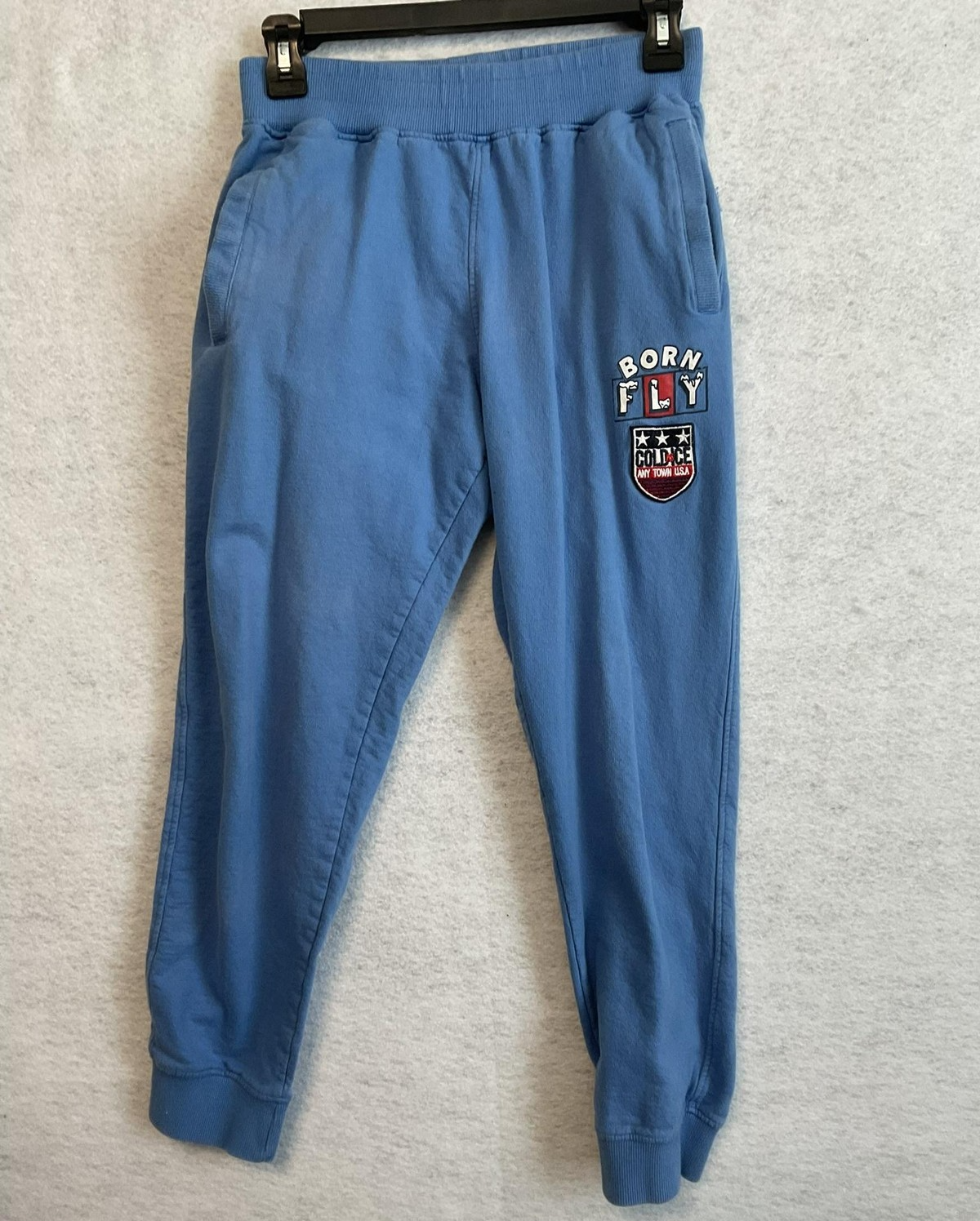 Born Fly Pants Boys 8 Blue Fleece Joggers Sweatpants Pull On College Logo Patch