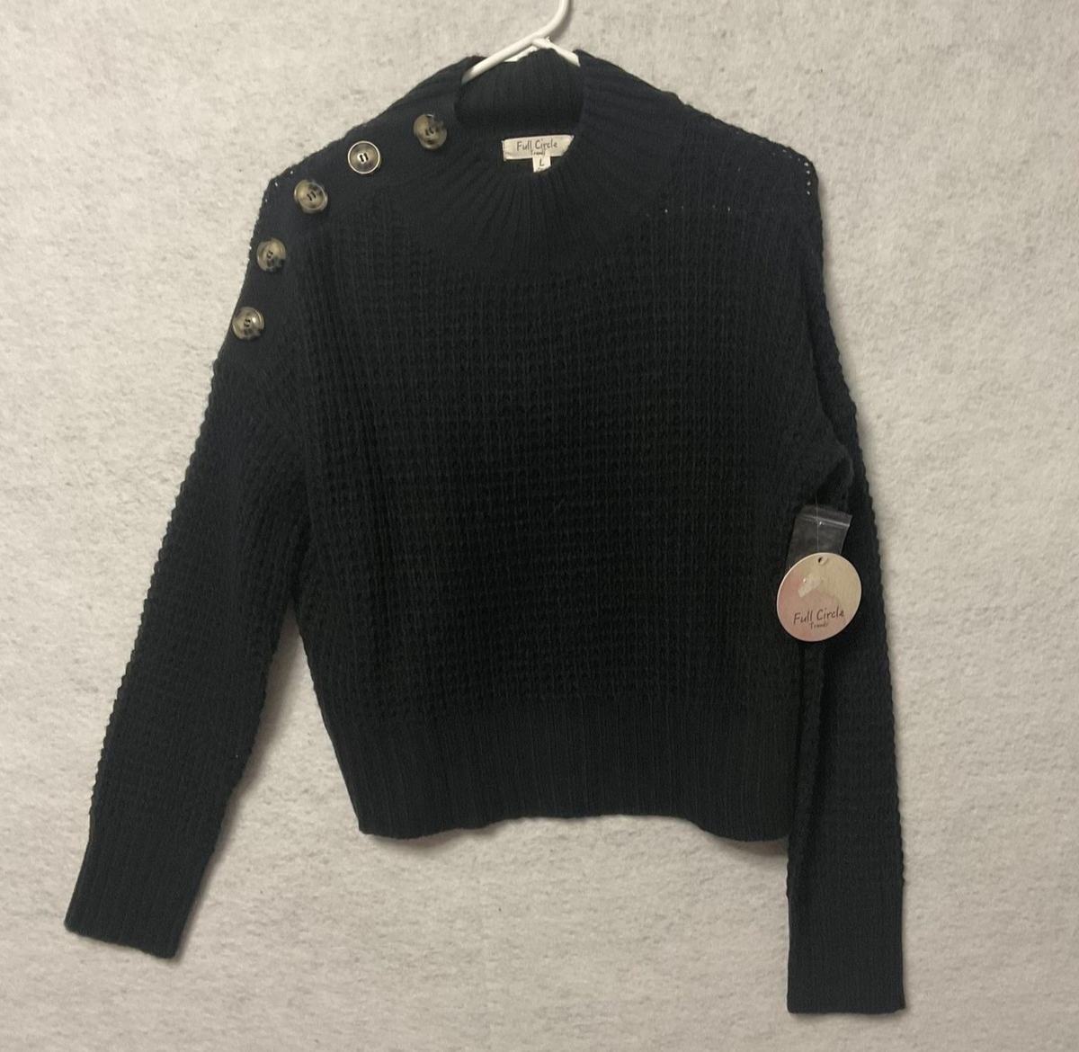 Full Circle Trends Sweater Womens Large Black Button Shoulder Waffle Knit