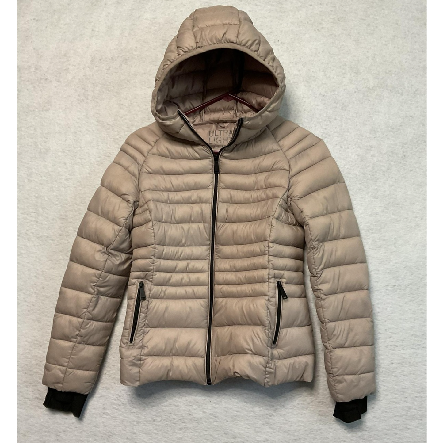 Love Tree Jacket Womens Small Beige Ultra Light Packable Hooded Puffer Zip Up
