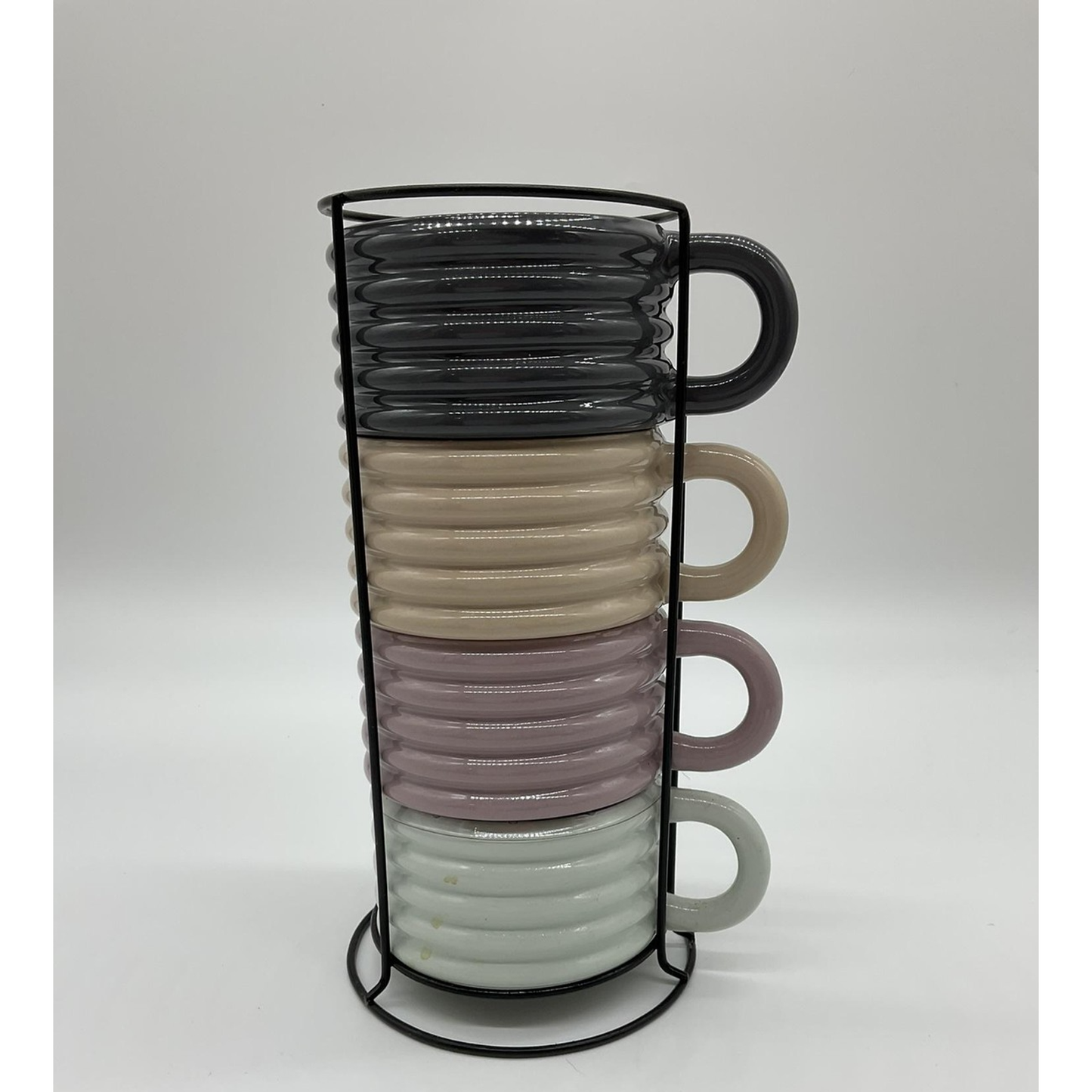 Thyme & Table Coffee Cup Set Ceramic With Stand Multicolor Ribbed Stoneware
