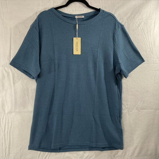 Ekouaer Shirt Womens XL Blue Ribbed Knit Short Sleeve Crew Neck Casual Top NWT
