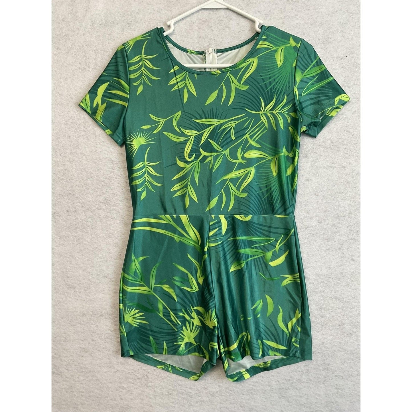 Tropical Romper Womens Large Green Leaf Print Short Sleeve Zip Back Casual