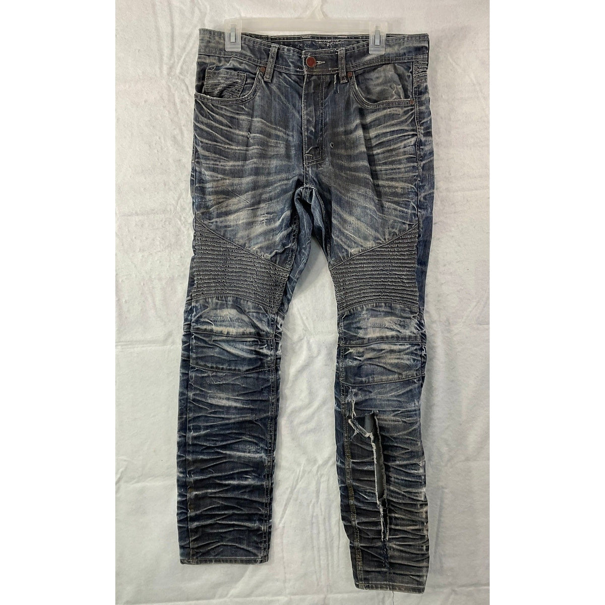 Rock Revival Moto Jeans Mens 32 Blue Distressed Ribbed Biker Denim JM2114
