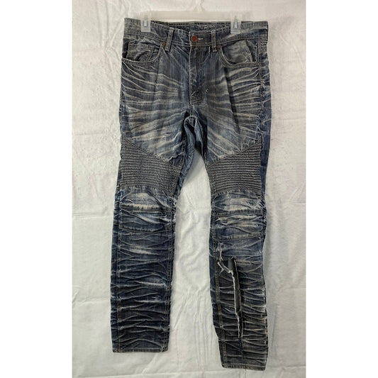 Rock Revival Moto Jeans Mens 32 Blue Distressed Ribbed Biker Denim JM2114
