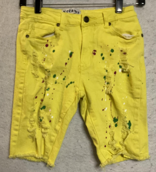Kréamy Shorts Womens Small Yellow Distressed Paint Splatter Bermuda Stretch