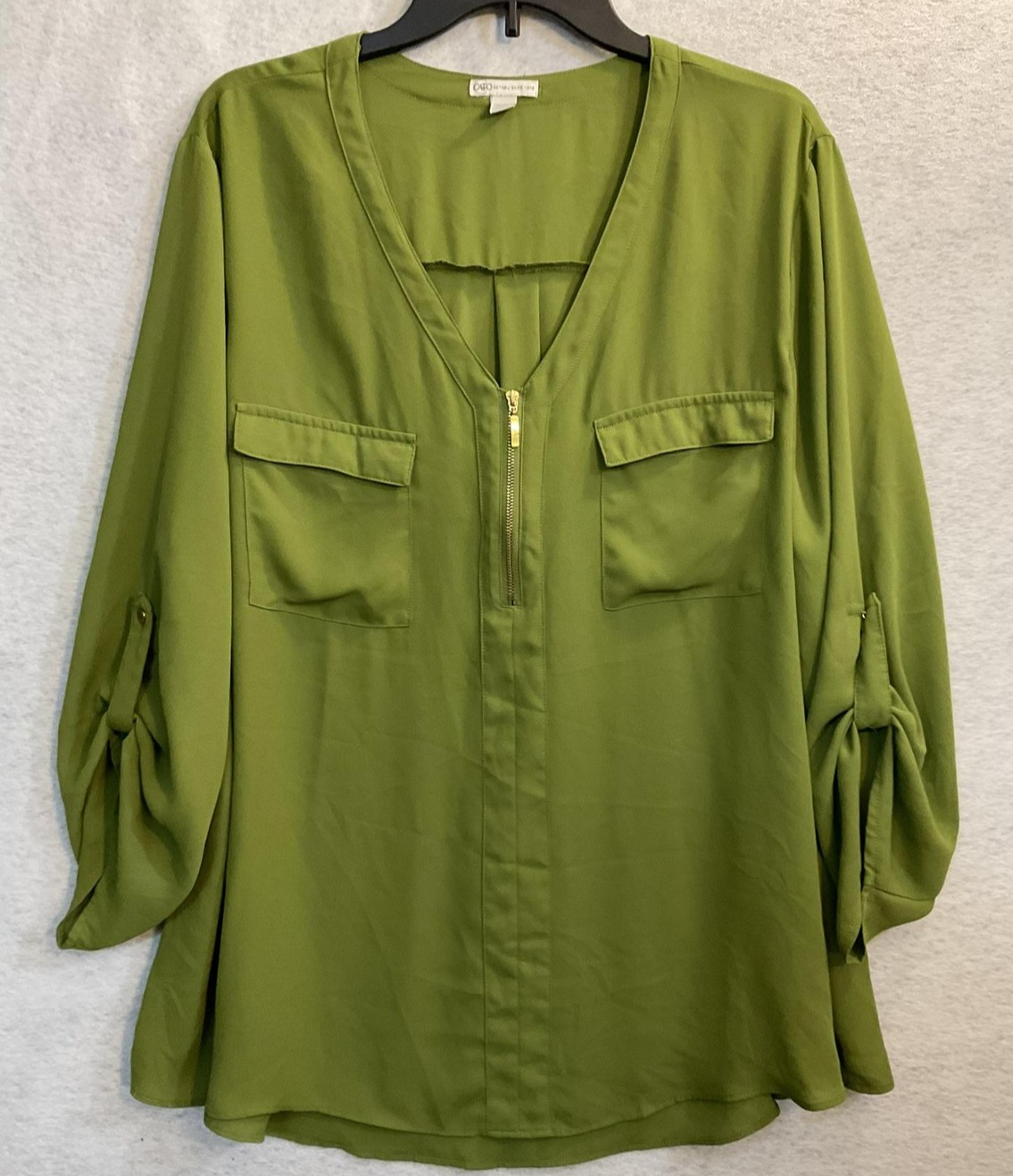 Cato Blouse Womens 22/24W Green Zip Front Roll Tab Sleeve Tunic Top Plus Size