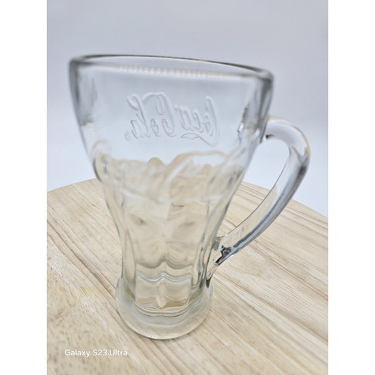 Vintage Clear Glass Coca Cola Mug 5.5" Embossed Thick Handle Tall Drinking