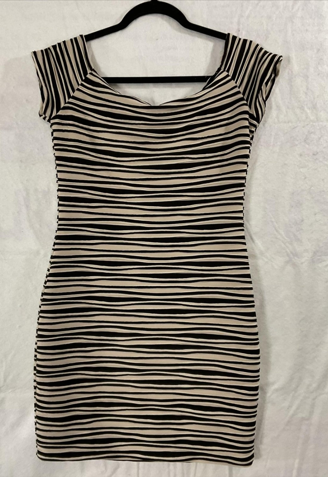 Brat Star Dress Womens Large Black Stripe Cowl Neck Bodycon Mini Stretch