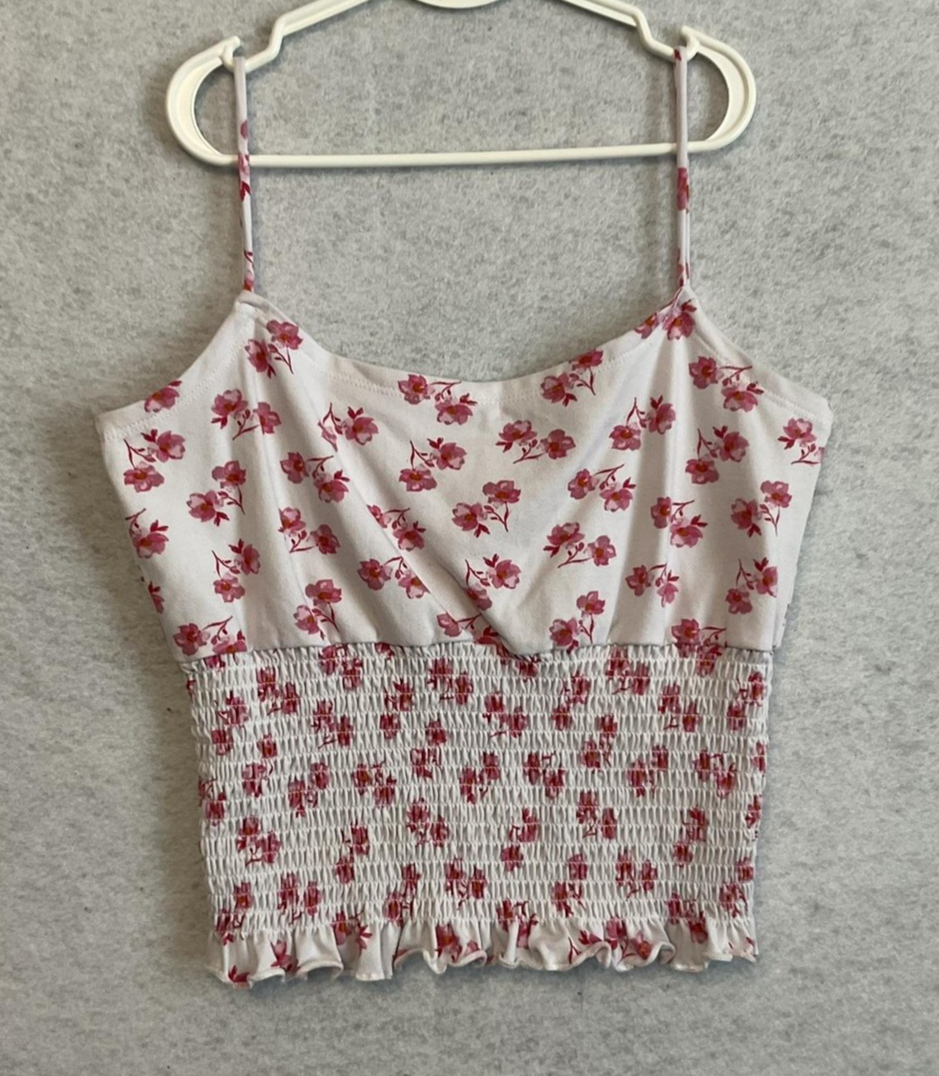 Floral Tank Top Girls Medium White Pink Smocked Ruffle Hem Stretch Camisole Soft