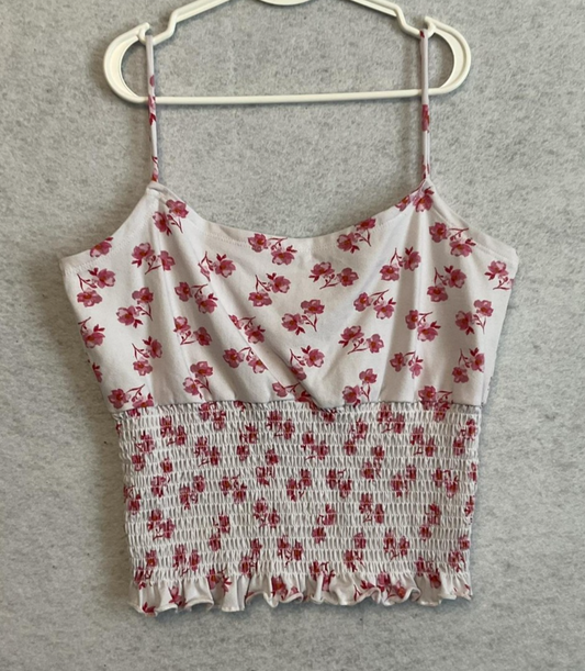 Floral Tank Top Girls Medium White Pink Smocked Ruffle Hem Stretch Camisole Soft