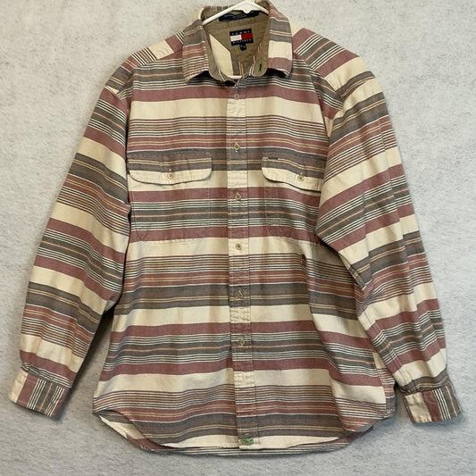 VTG Tommy Hilfiger Shirt Mens Medium Beige Striped Long Sleeve Button Up Casual