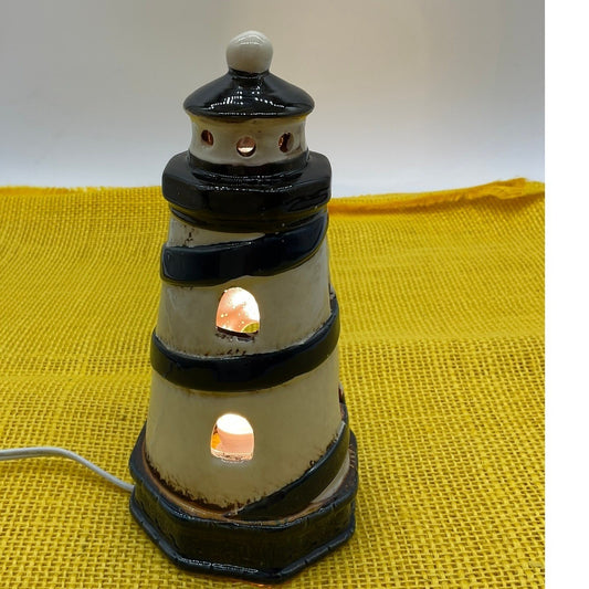 Lighthouse Accent Lamp Cream Navy Blue Nautical Night Light Decor