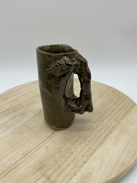 Handmade Ceramic Beer Mug Brown Sculpted Handle Tall Artisan Pottery Cup Rustic