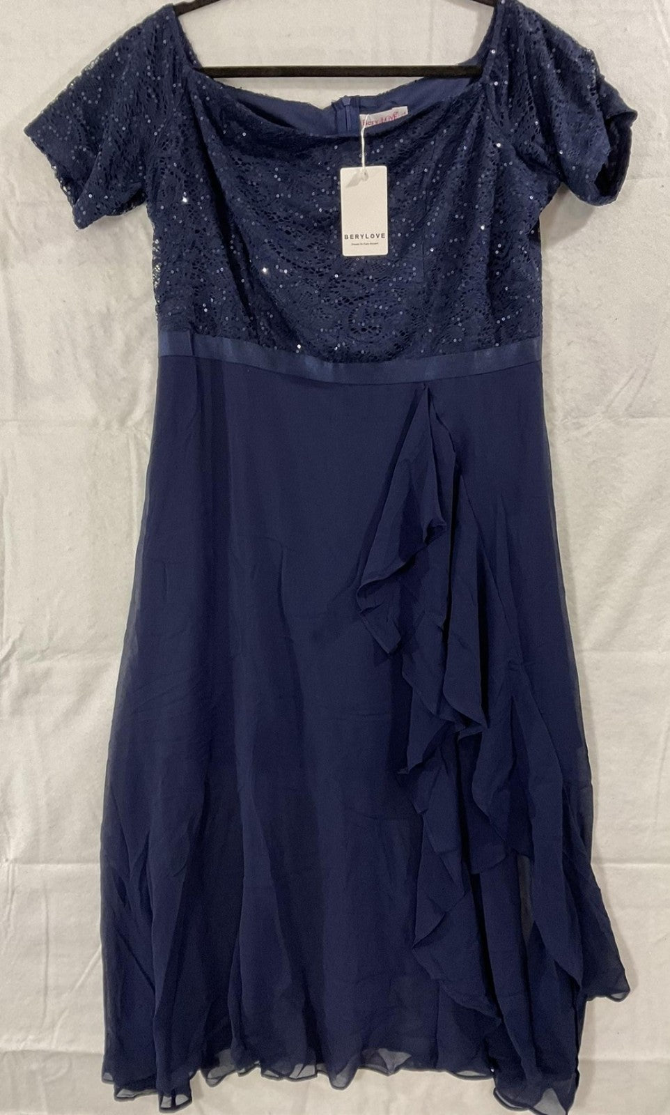 Berylove Dress Womens XL Navy Blue Sequin Lace Off Shoulder Maxi Formal Gown New