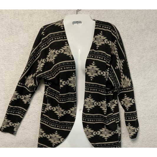 Southwestern Aztec Sweater Women Medium Black Beige Open Front Cardigan Knit USA