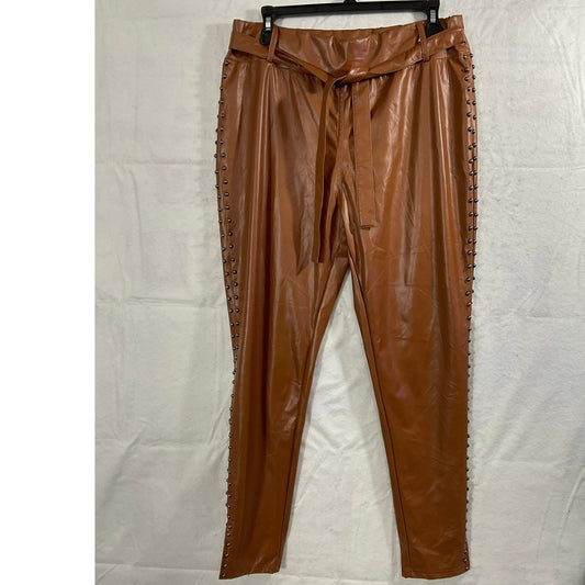 ChicMe Faux Leather Pants Women XL Cognac Brown Studded Tie Waist Trousers