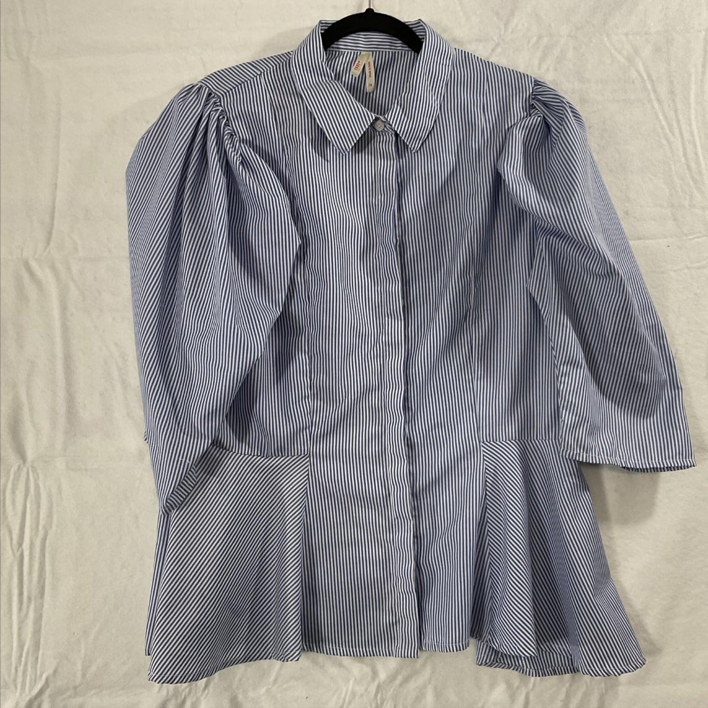 True Destiny Blouse Womens 1X Blue Striped Button Front Puff Sleeve Tunic Top