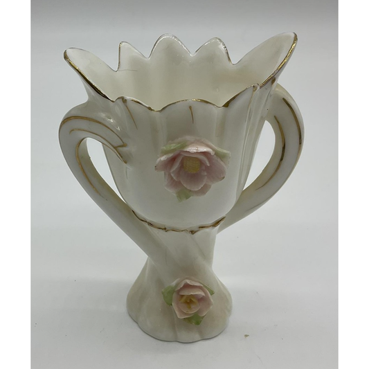 Vintage White Porcelain Bud Vase Pink Rose Flowers Double Handles Japan Decor