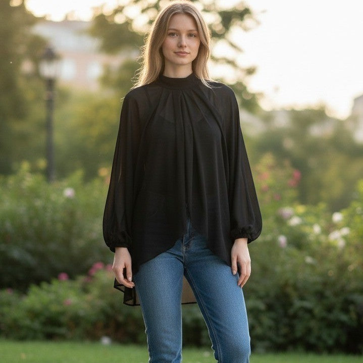 Chiffon Blouse Womens Large Black Sheer Tie Back Lantern Sleeve Top