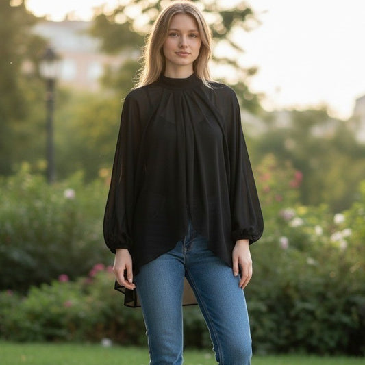 Chiffon Blouse Womens Large Black Sheer Tie Back Lantern Sleeve Top