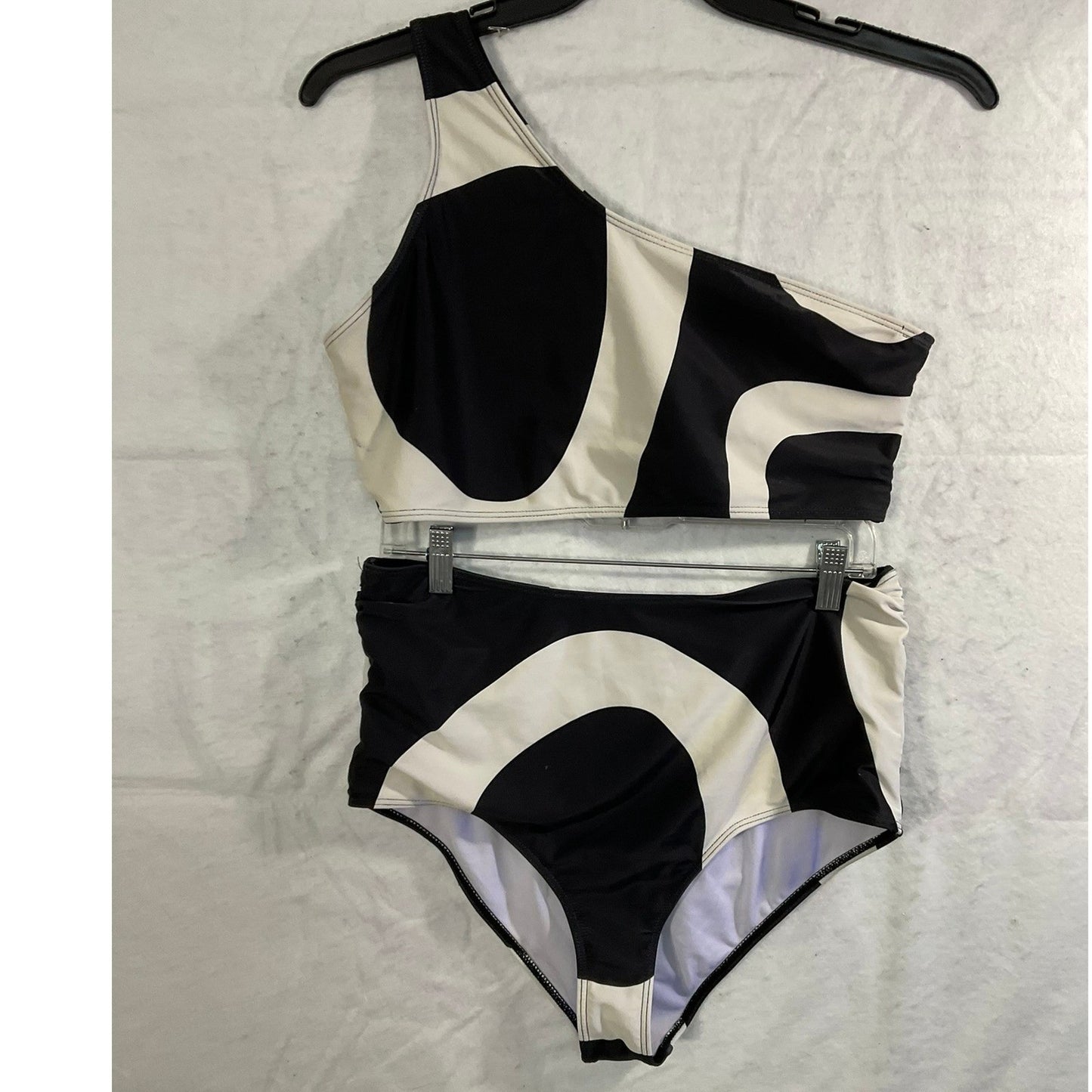 Two Piece Swimsuit Womens One Size Black White Abstract One Shoulder
