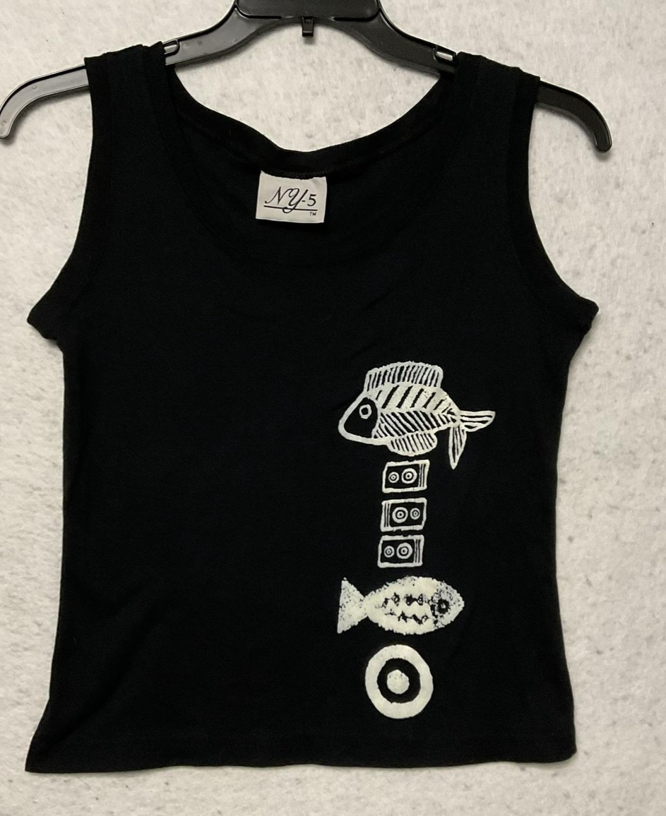 NY-5 Tank Top Womens Small Black Fish Graphic Scoop Neck Nautical Beach