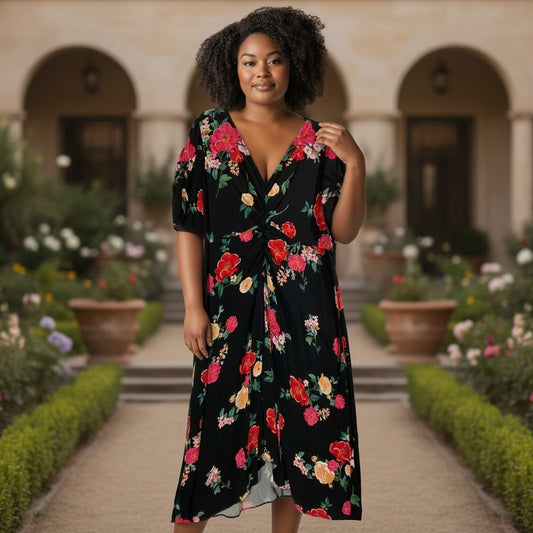 Old Navy Maxi Dress Women 2X Black Floral Ruched Puff Sleeve Cottagecore