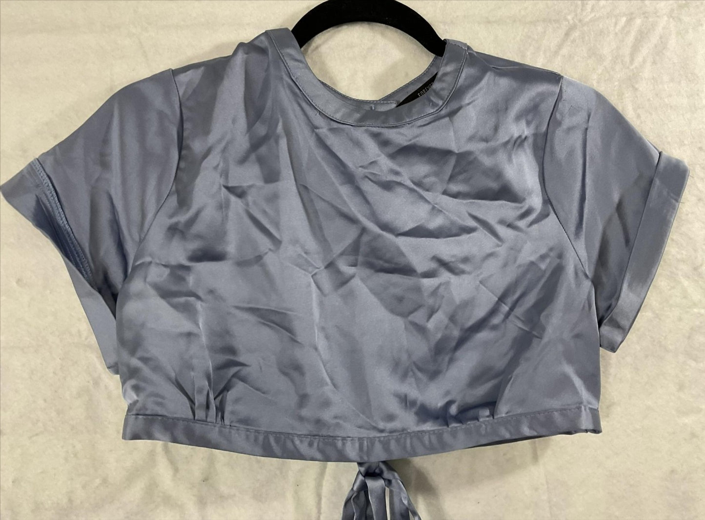 Forever 21 Blouse Womens Medium Blue Satin Crop Top Open Back Tie Shirt