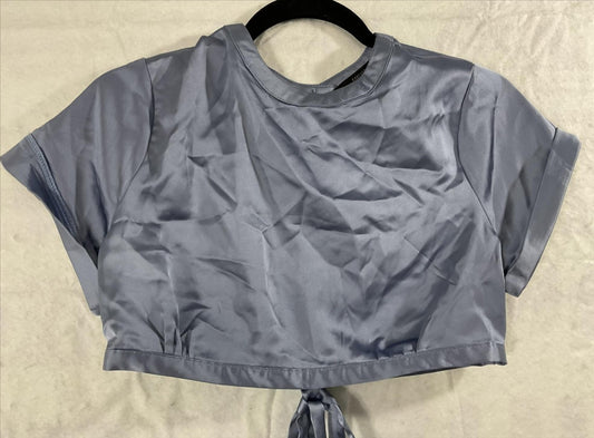 Forever 21 Blouse Womens Medium Blue Satin Crop Top Open Back Tie Shirt
