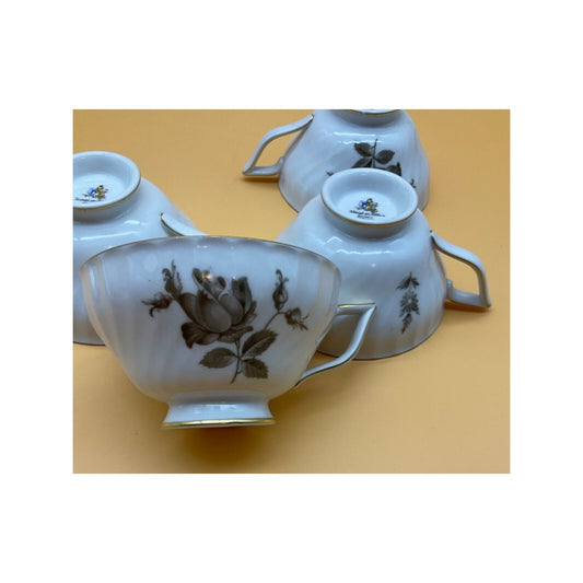 4 Cups Konigl Königl. pr. Tettau Bavaria Germany Grey Floral Gold Trim Vintage