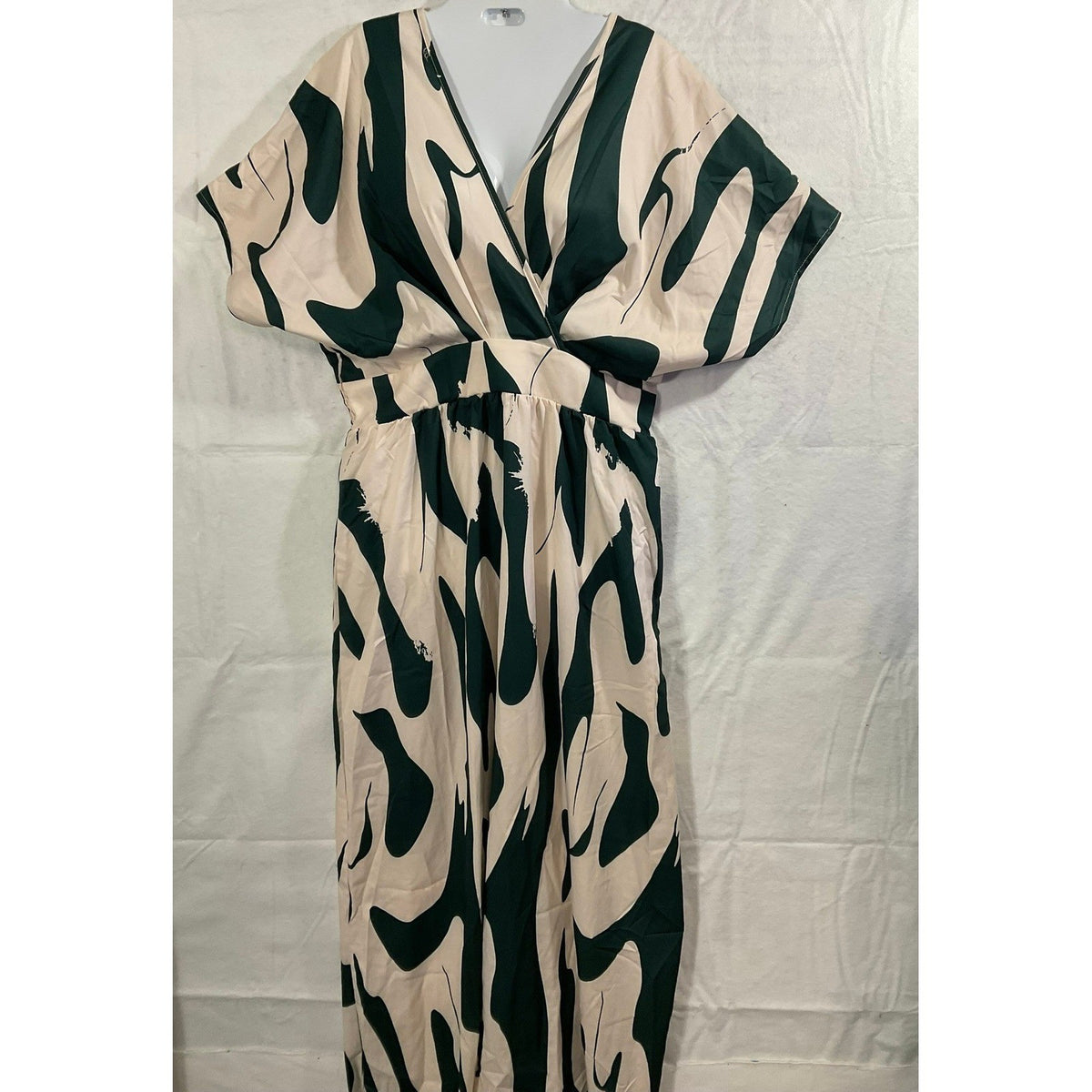 Shein Abstract Print Jumpsuit Womens 0XL Green Cream Wide Leg Surplice V-Neck