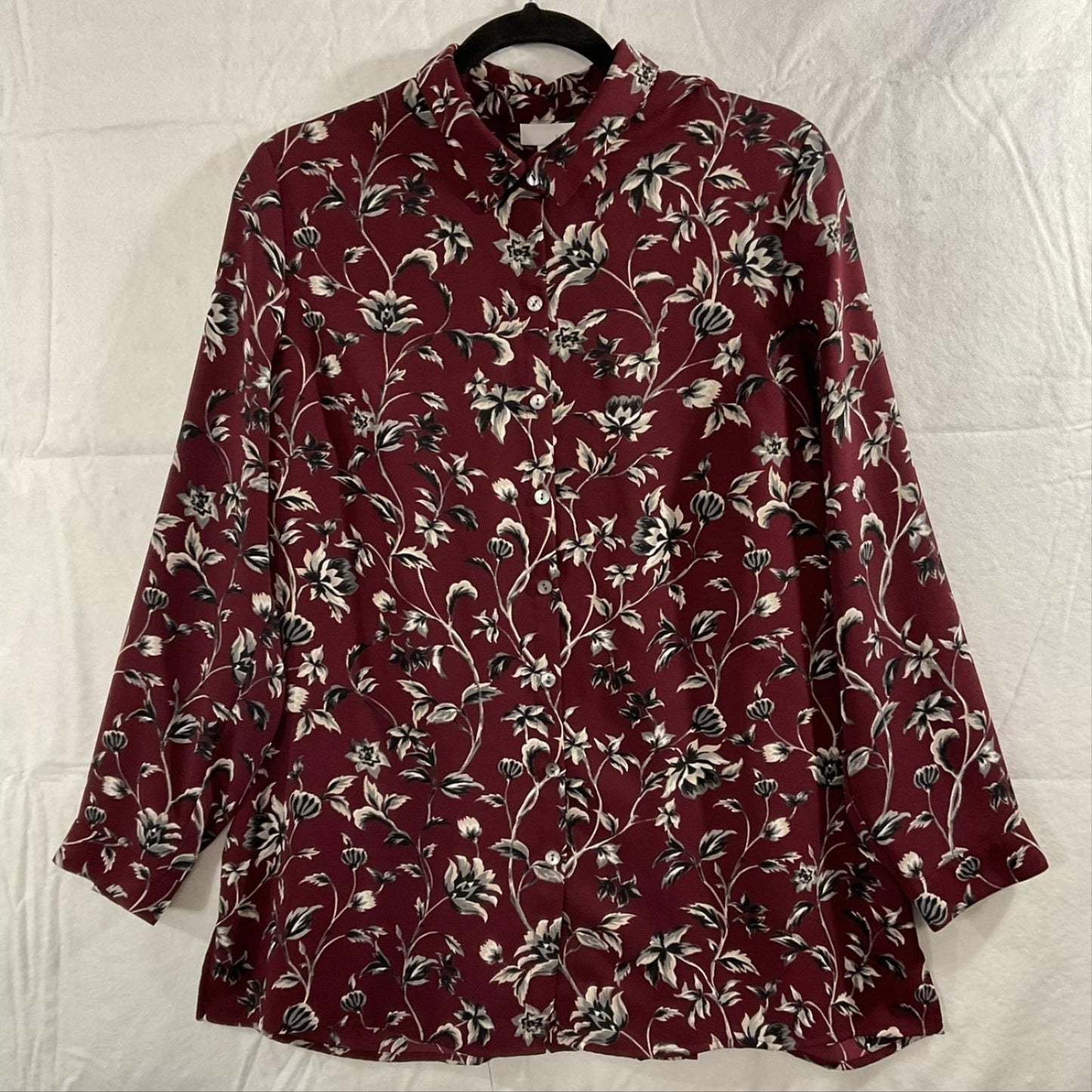 J. Jill Blouse Womens L Petite Red Floral Button Front Long Sleeve Tunic Top