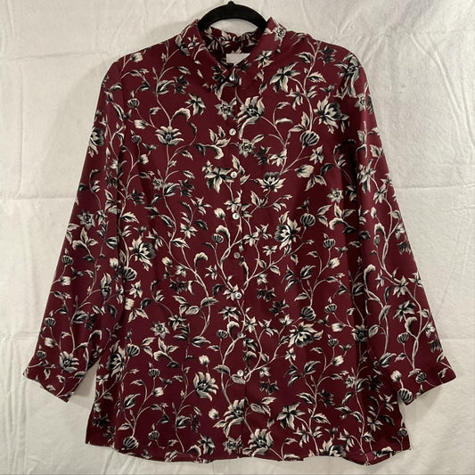 J. Jill Blouse Womens L Petite Red Floral Button Front Long Sleeve Tunic Top