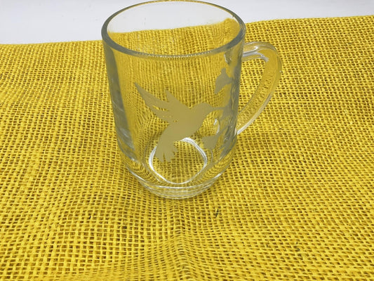 Clear Etched Hummingbird Beer Mug Glass France Handle Barware Decor