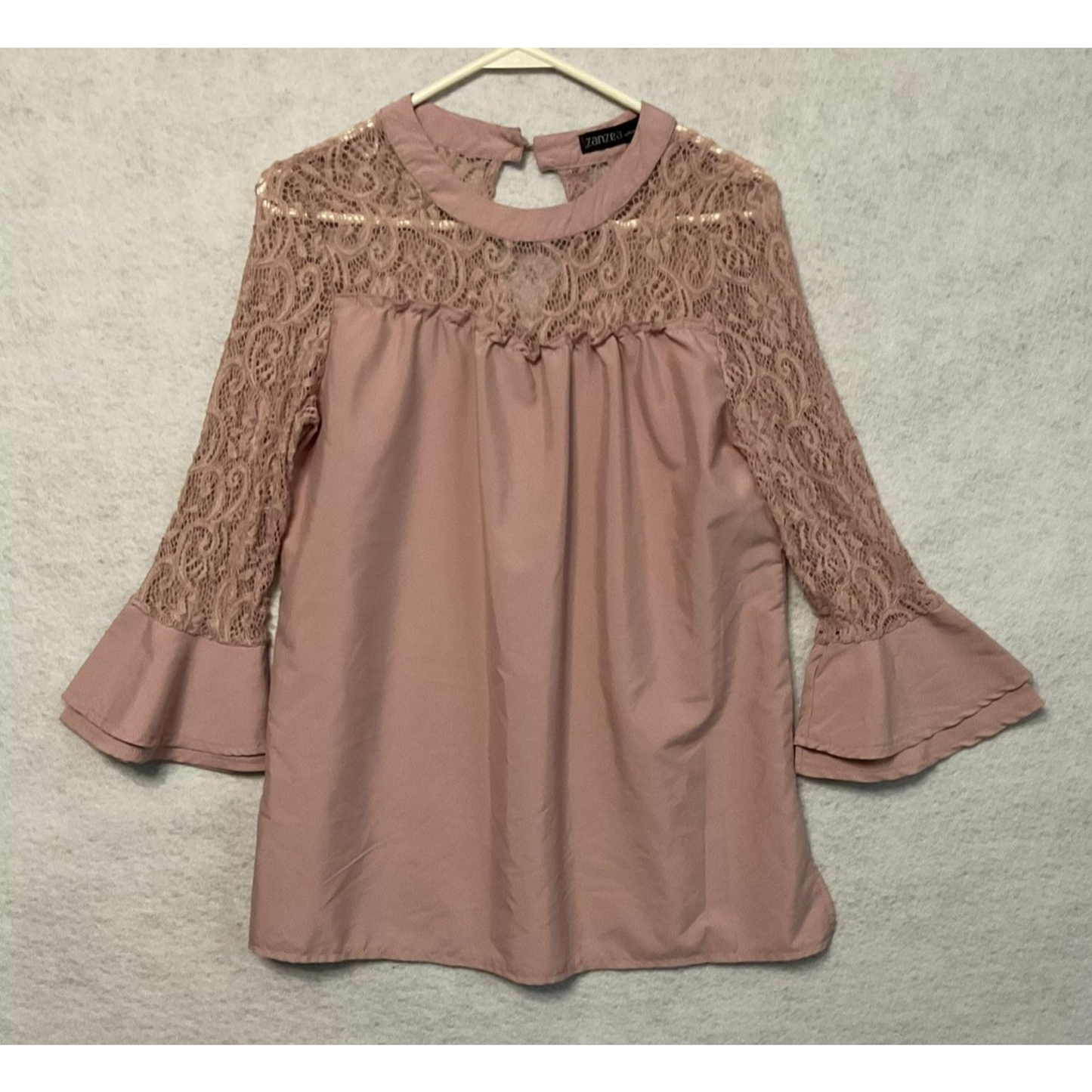 Zanzea Shirt Womens Small Pink Lace Bell Sleeve High Neck Blouse Top Casual