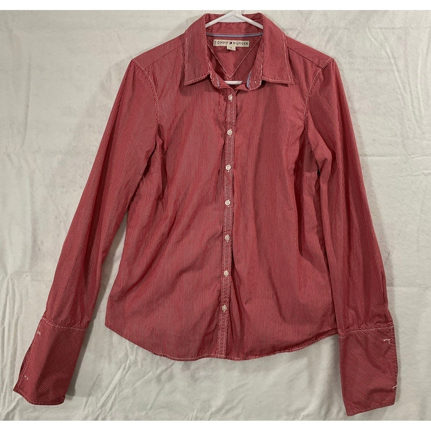 Tommy Hilfiger Button Down Women Medium Red White Striped Cotton Shirt SSG-HUZ