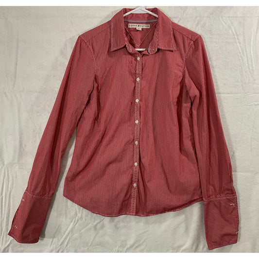 Tommy Hilfiger Button Down Women Medium Red White Striped Cotton Shirt SSG-HUZ