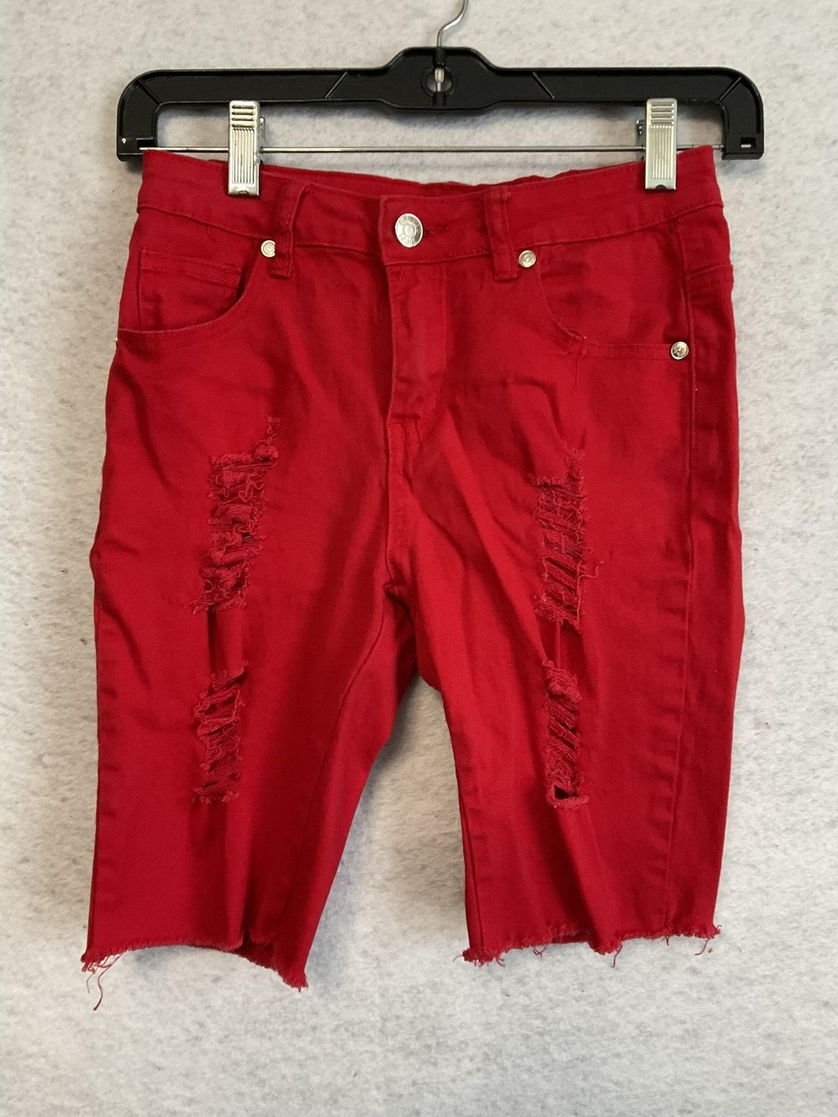 Bamboo Shorts Juniors 1 Red Distressed Denim Bermuda Raw Hem Stretch Casual