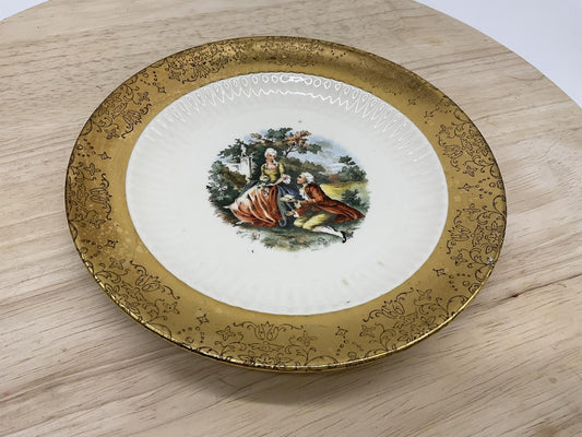 Vintage Gold Porcelain Decorative Plate Courting Couple Rococo Style Scene