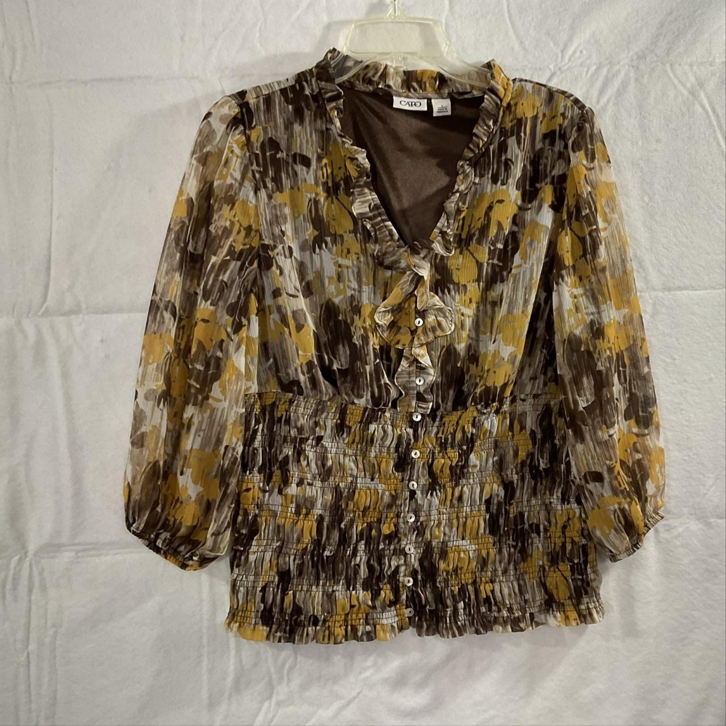 Cato Blouse Womens Large Brown Floral Chiffon Ruffle V Neck 3/4 Sleeve Tunic Top