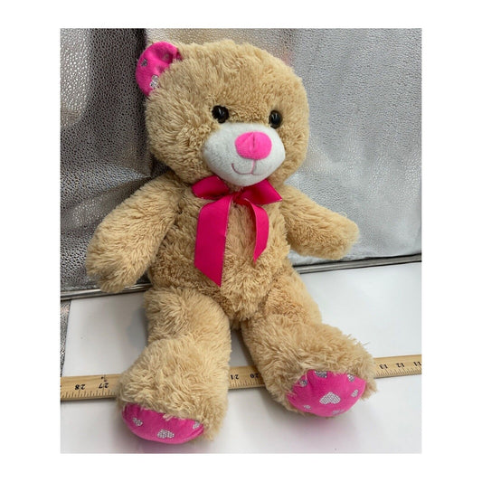 21-Inch Teddy Bear with Pink Bow, Pink/Silver Hearts by Tom's Toys