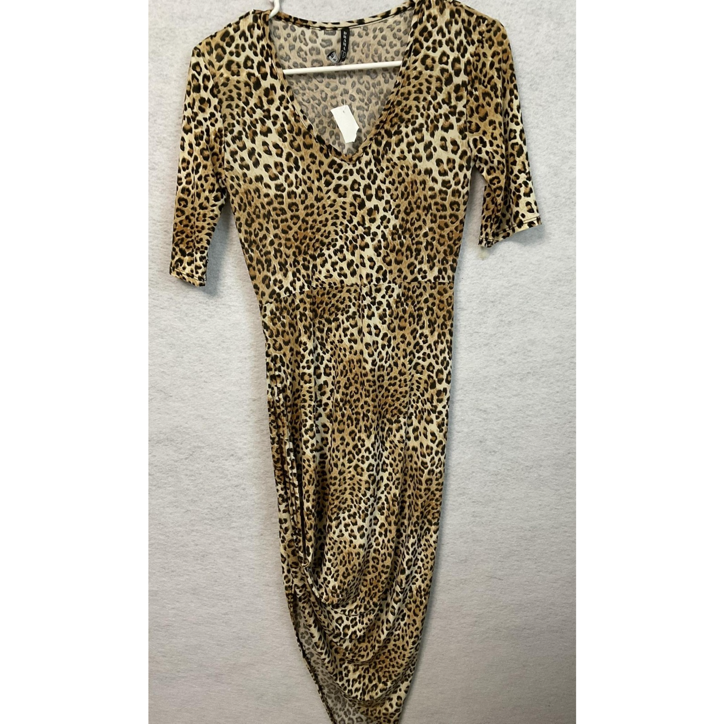 Drama Gold Dress Womens Small Leopard Print Ruched Midi Made USA Stretch