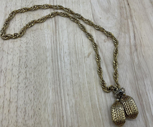 Gold Tone Necklace Rope Chain Double Oval Mesh Pendant Statement 30 In Women VTG