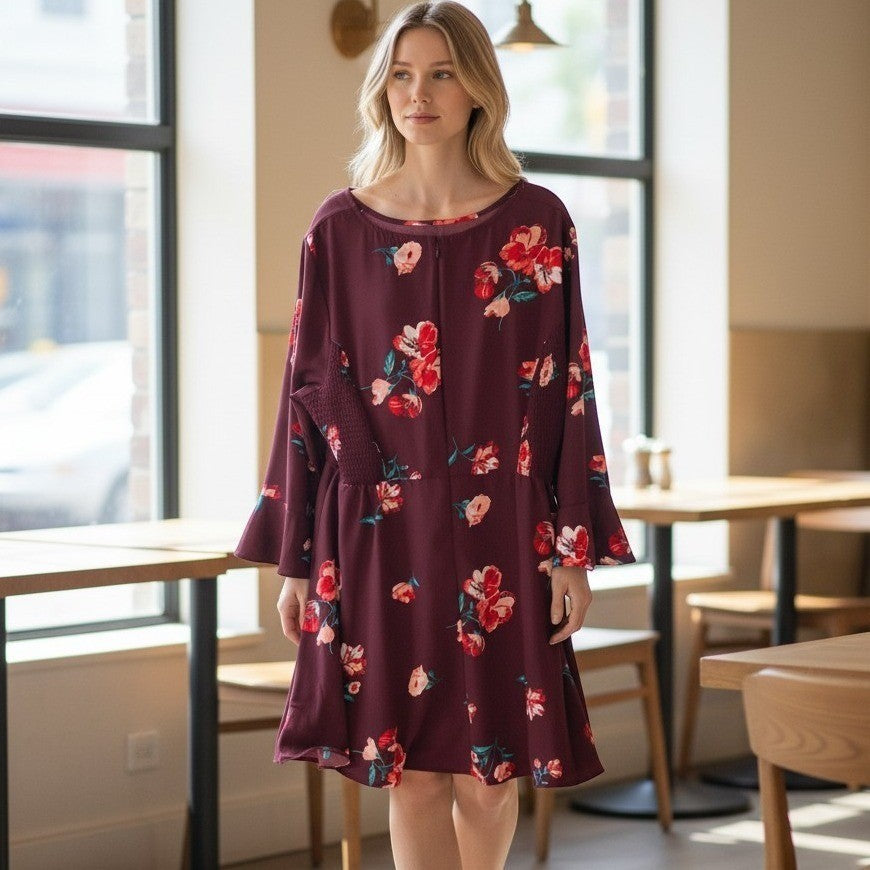 Old Navy Fit & Flare Dress Womens XXL Burgundy Floral Fluted Sleeve Smocked Mini