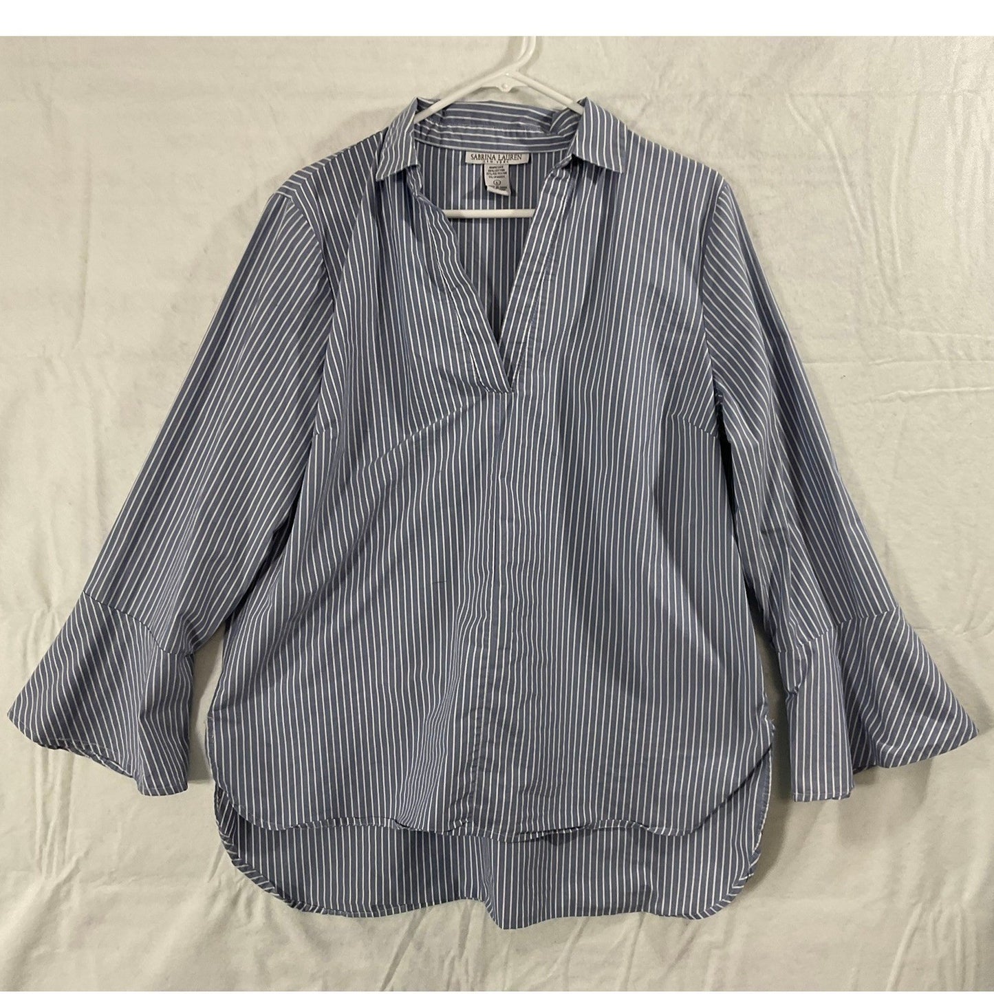 Sabrina Lauren Blouse Women Large Blue White Striped Bell Sleeve V-Neck Popover